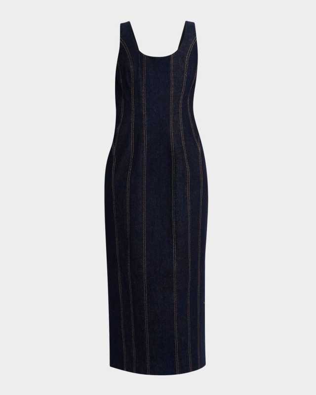 Hallie Sleeveless Topstitched Denim Midi Dress
